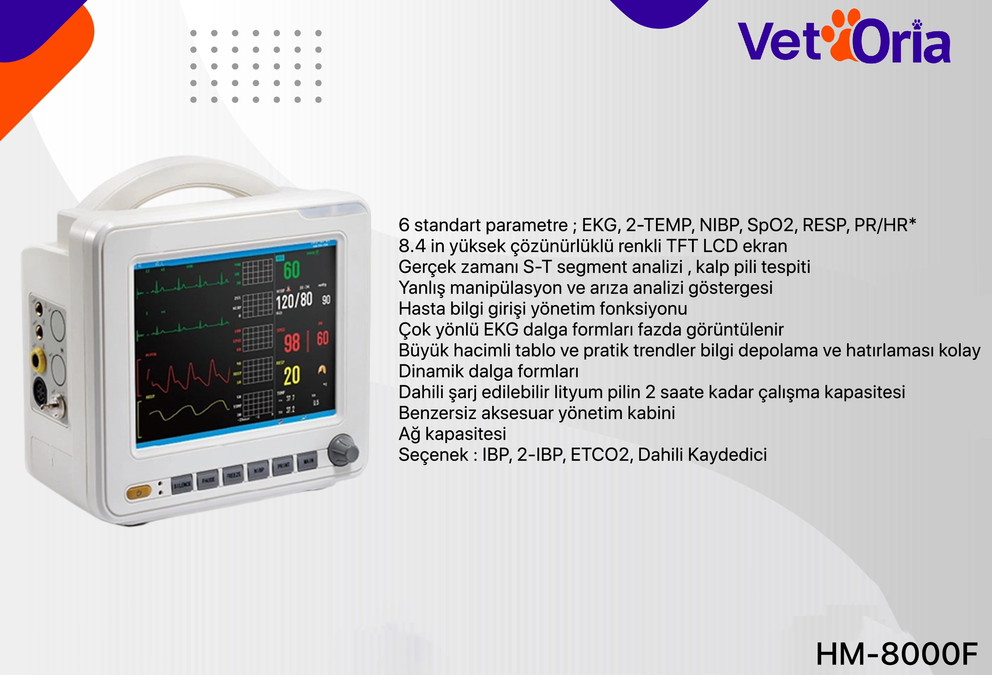 HM-8000F ETCO2'li Veteriner Hastabaşı Monitörü